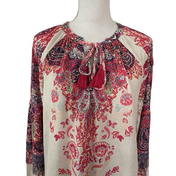 Farmers Market Paisley Lace Trim Balloon Sleeve Peasant Blouse Size L Pink Boho - Picture 3 of 10